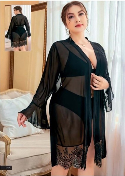 Hotflirt Nightlight 3430 Büyük Beden Tül Sabahlık Takım - Siyah - X-2xl
