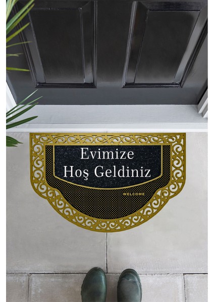 Yarım Ay Modeli Welcome Yazlı Kapı Önü Paspası Evimize Hoş Geldiniz Yazılı Altın Rengi