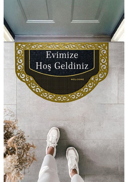 Yarım Ay Modeli Welcome Yazlı Kapı Önü Paspası Evimize Hoş Geldiniz Yazılı Altın Rengi