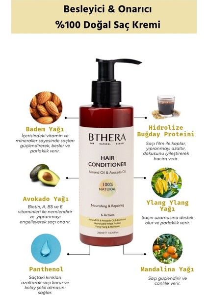BTHERA Doğal Besleyici Onarıcı Saç Kremi Badem ve Avokado Yağı - 200ML- Tüm Saç Tipleri fiyatları