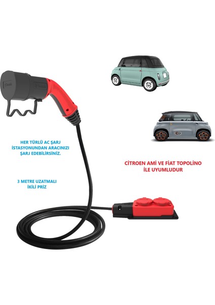 Citroen Ami ve Fiat Topolino, 3 Metre Uzatmalı, Ac Şarj Kablosu C2L ( Tekli-Ikili-Üçlü Priz Seçenekli)