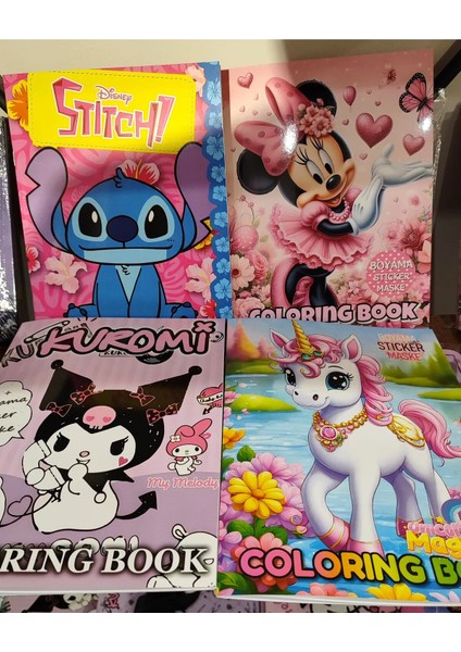 4 Adet Stickerli Boyama Kitabı (Minnie,kuromi,unicorn,stitch Figürlü