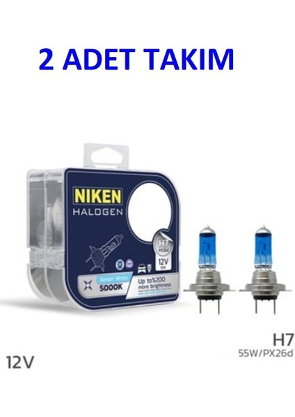Nıken 2 Adet Takım Far Ampulü 12V H7 55W Beyaz Işık Ampul PX26D 5000K
