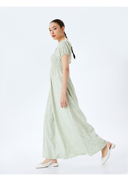 Balon Kol Kare Yaka Gipeli Çiçekli Uzun Elbise