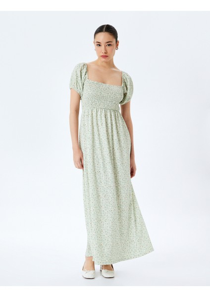 Balon Kol Kare Yaka Gipeli Çiçekli Uzun Elbise fiyatları