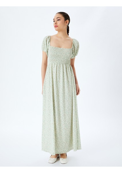 Balon Kol Kare Yaka Gipeli Çiçekli Uzun Elbise modelleri