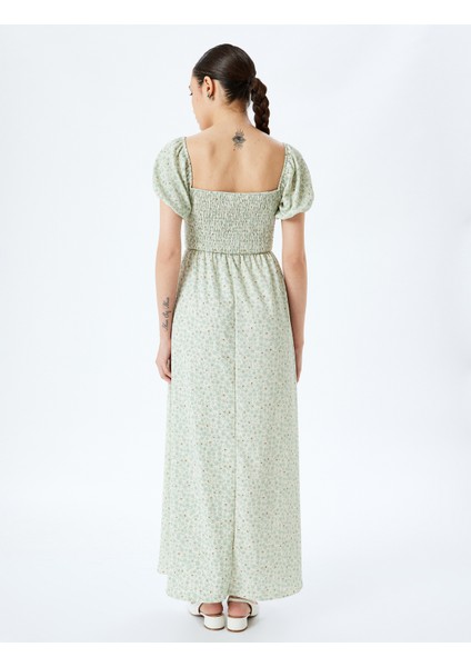 Balon Kol Kare Yaka Gipeli Çiçekli Uzun Elbise fırsatları