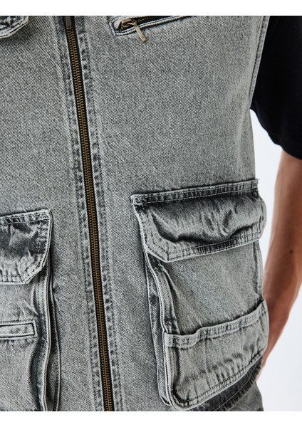 Kapaklı Cep Detaylı Pamuklu V Yaka Kolsuz Oversize Denim Yelek