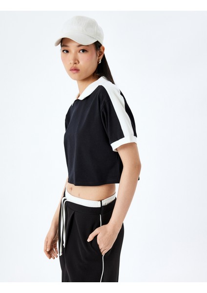 Polo Yaka Renk Bloklu Crop Kısa Kollu Tişört