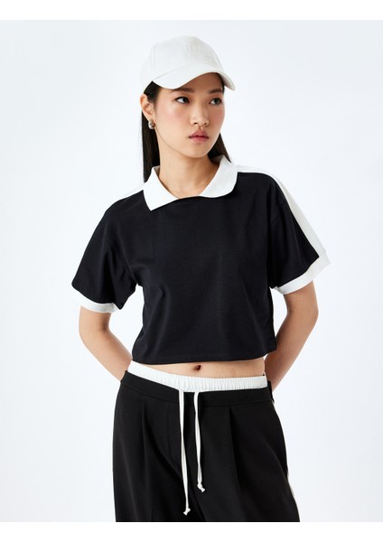Polo Yaka Renk Bloklu Crop Kısa Kollu Tişört modelleri