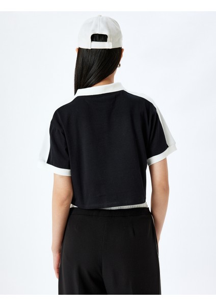Polo Yaka Renk Bloklu Crop Kısa Kollu Tişört fırsatları