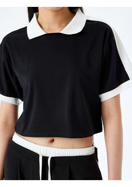 Polo Yaka Renk Bloklu Crop Kısa Kollu Tişört indirimleri