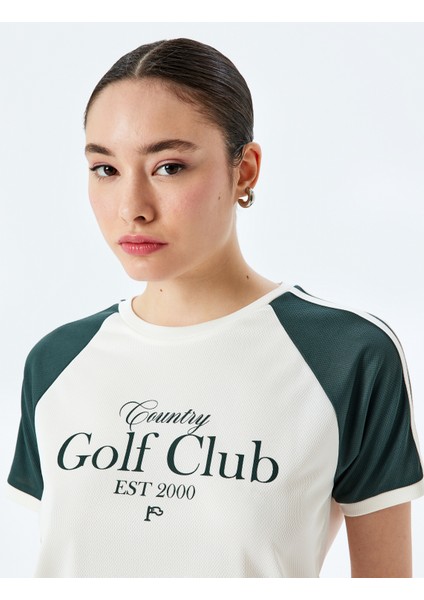 Kısa Reglan Kol Kolej Baskılı Bisiklet Yaka Tişört