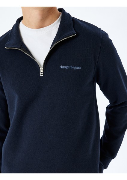 Uzun Kollu Pamuk Karışımlı Slogan Işlemeli Yarım Fermuarlı Sweatshirt indirimleri