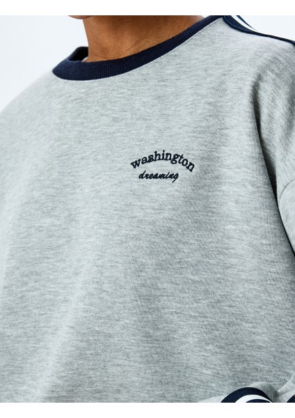 Nakış Detaylı Çizgili Bisiklet Yaka Uzun Kollu Sweatshirt