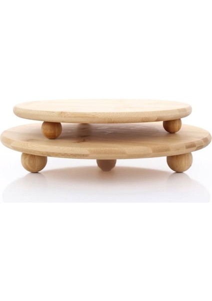 Yuvarlak Bambu Sunum Tahtası - 26 Cm Çap, Misket Ayaklı, Dekoratif Ve Çok Amaçlı