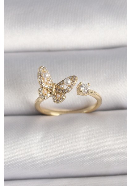 Pirinç Gold Renk Zirkon Taşlı Kelebek Model İnci Detay Ayarlanabilir Yüzük