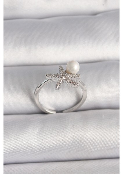 Pirinç Gümüş Renk Zirkon Taşlı Deniz Yıldızı Model İnci Detay Ayarlanabilir Yüzük