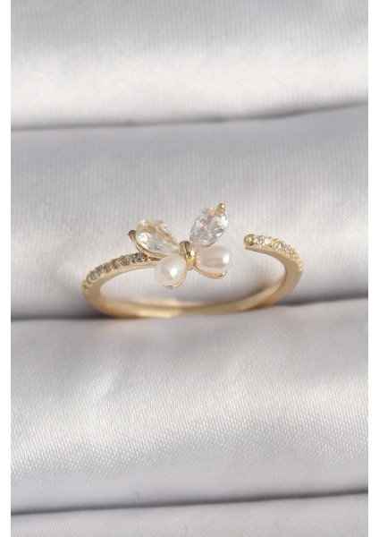 Pirinç Gold Renk Zirkon Taşlı Kelebek Mode İnci Detay Ayarlanabilir Yüzük