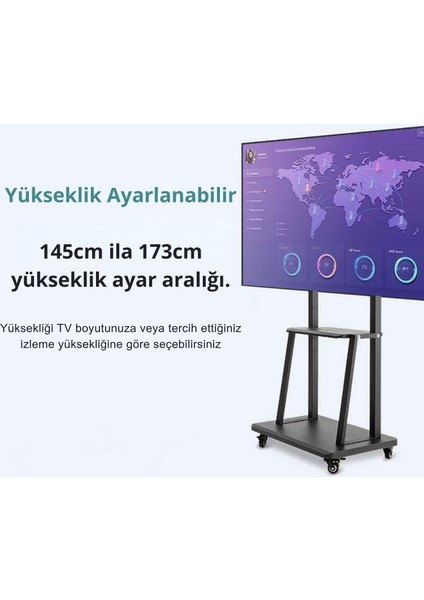 32-70" Hareketli Tv Standı Yükseklik Ayarlı, Tekerlekli ve Çift Raflı