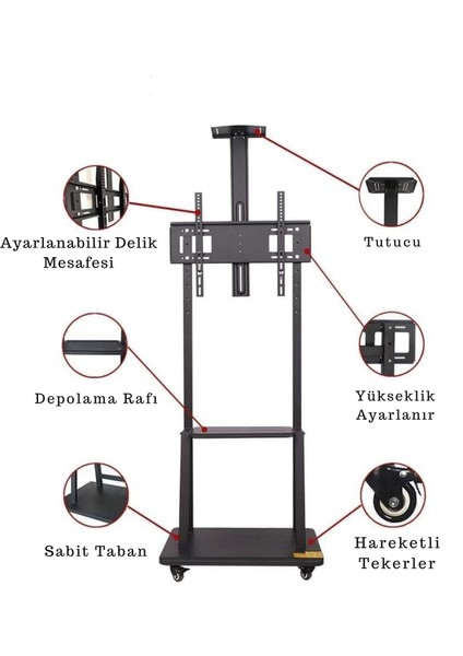 32-70" Hareketli Tv Standı Yükseklik Ayarlı, Tekerlekli ve Çift Raflı