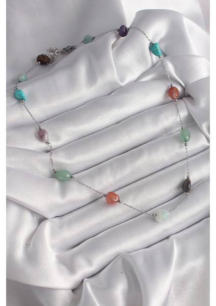 316L Çelik Gümüş Renk Zincir Renkli Doğaltaş Model Kadın Kolye fiyatları