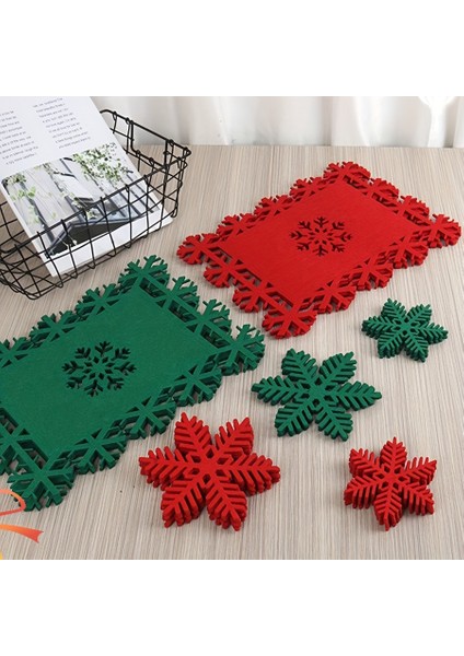 6 Parça Set Noel Kar Tanesi Keçe Masa Örtüleri & Bardak Altlıkları - Kalın, Kar Tanesi