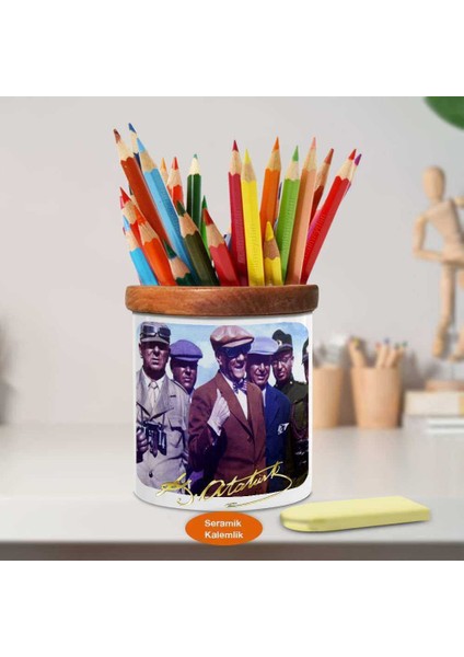 Şapkalı Mustafa Kemal Atatürk Ahşap Seramik Kalemlik-A(46)