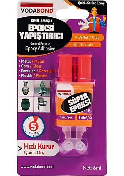| Genel Amaçlı Epoksi Yapıştırıcı, Kullanıma Hazır Hızlı Epoksi, Şeffaf, 6 ml