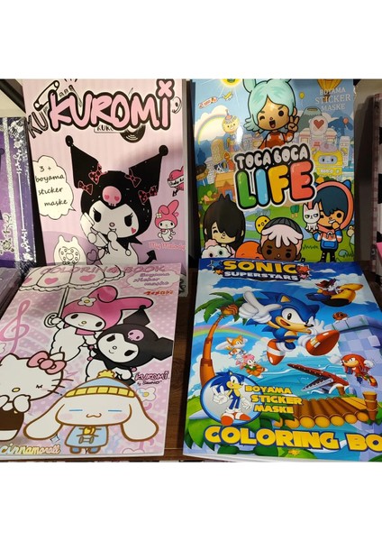 4 Adet Stickerli Boyama Kitabı (Hello Kitty , Kuromi , Sonic , Toca Boca Life Figürlü