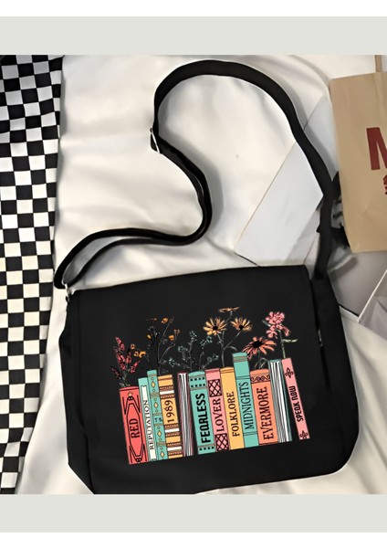 Taylor Swift Book Album Kitap Tote Bag, Bez Çanta, Siyah Kanvas Postacı Çantası, Okul Çantası