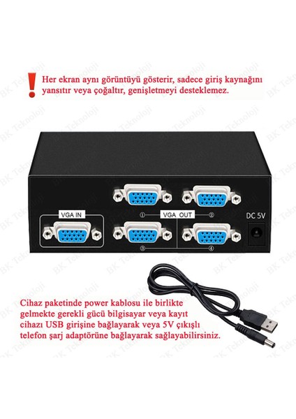4 Port VGA Çoklayıcı Splitter 200MHZ 1 Giriş 4 Çıkış