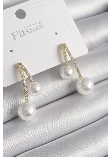 Pirinç Gold Renk Zirkon Taşlı Sarkıt Model Inci Detay Kadın Küpe