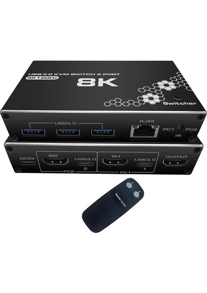 Kumandalı 2 Port 8k Hdmı+Usb3.0+Ethernet Kvm Switch 2 Bilgisayar 1 Monitör