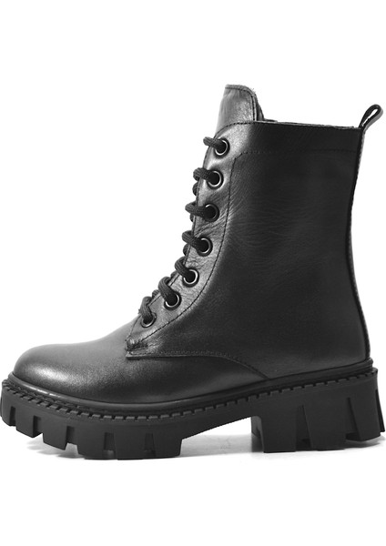 R.3011 Deri Siyah & Bej Kürklü Fermuarlı Kız Çocuk Postal Bot