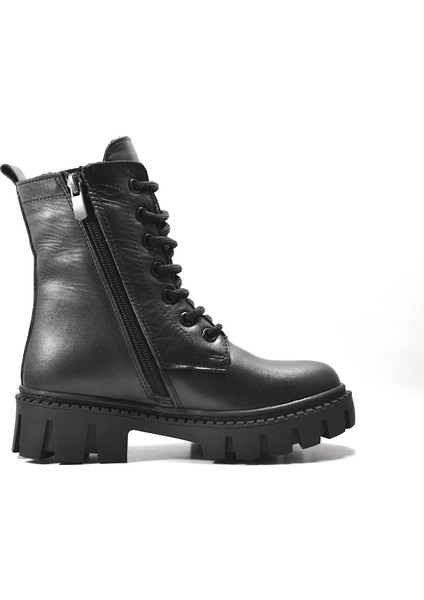 R.3011 Deri Siyah & Bej Kürklü Fermuarlı Kız Çocuk Postal Bot modelleri