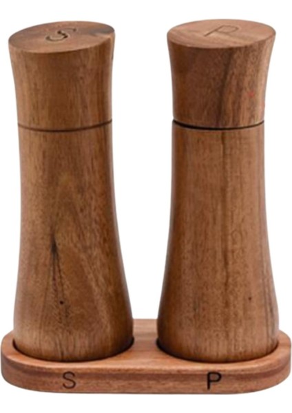 Doğal Akasya Ahşap Tuzluk ve Karabiberlik Seti - Ergonomik Tasarım ve Stand Dahil (15 Cm)
