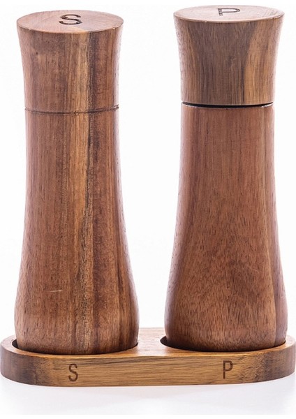 Doğal Akasya Ahşap Tuzluk ve Karabiberlik Seti - Ergonomik Tasarım ve Stand Dahil (15 Cm)