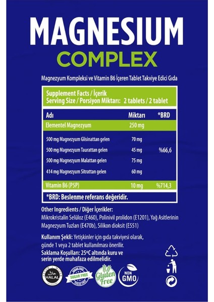Magnezyum Kompleks (Glisinat-Malat-Taurat-Sitrat-Vitamin B6) fırsatları
