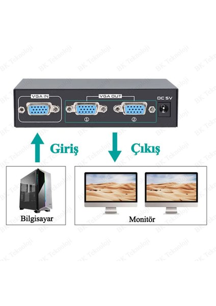 2 Port VGA Çoklayıcı Splitter 200MHZ 1 Giriş 2 Çıkış