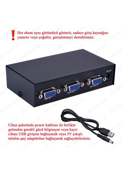 2 Port VGA Çoklayıcı Splitter 200MHZ 1 Giriş 2 Çıkış