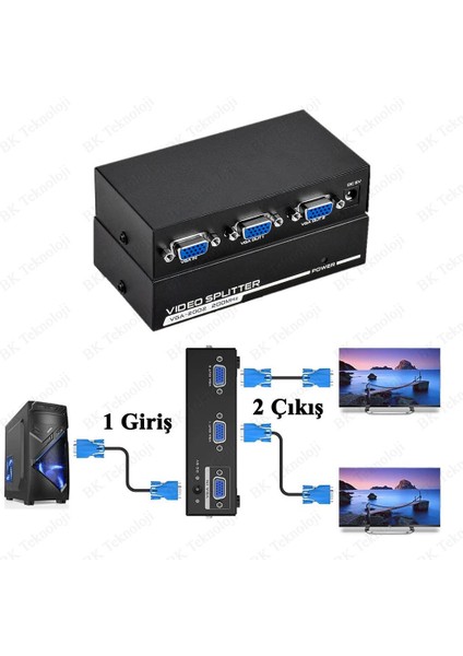 2 Port VGA Çoklayıcı Splitter 200MHZ 1 Giriş 2 Çıkış