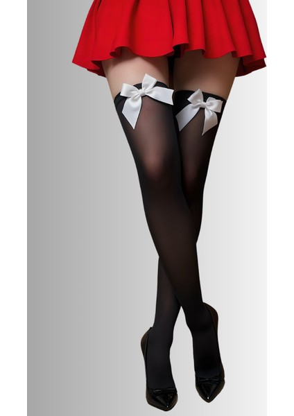 Beyaz Fiyonklu Jartiyer Model Diz Üstü Siyah Çorap