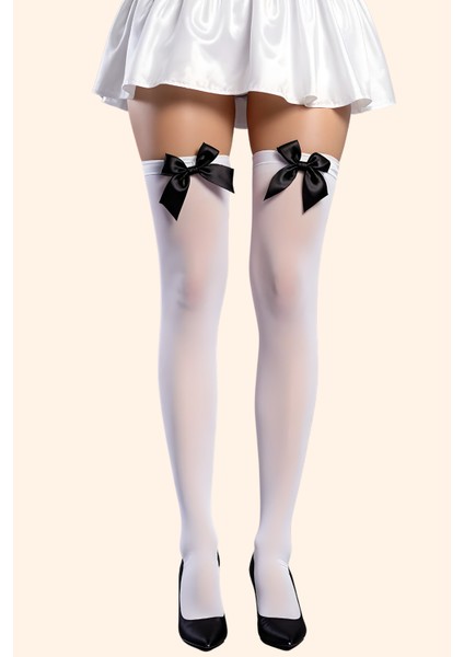 Siyah Fiyonklu Jartiyer Model Diz Üstü Beyaz Çorap