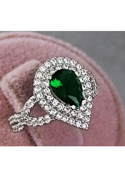 Lilahgümüştr Gümüş Damla Yeşil Taşlı Kadın Yüzük