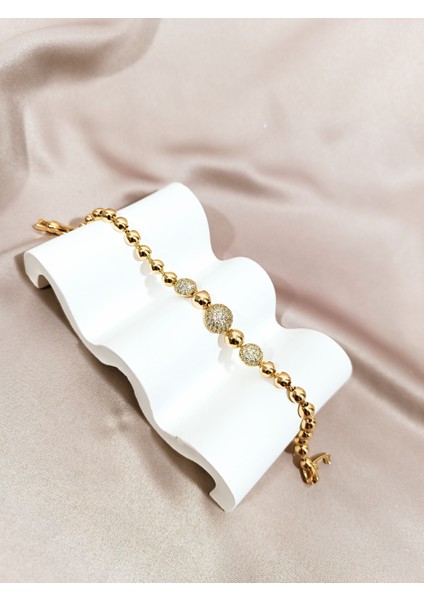 14K Altın Kaplama Çelik Bileklik - Parlak Küre ve Taş Detaylı Şık Tasarım