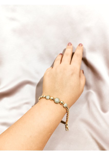 14K Altın Kaplama Çelik Bileklik - Parlak Küre ve Taş Detaylı Şık Tasarım fiyatları