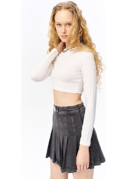 Bisiklet Yaka Uzun Kol Basic Crop Tişört Ekru modelleri