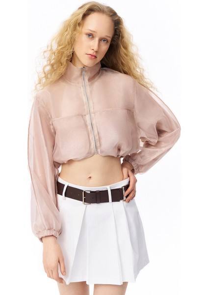 Organze Tül Detaylı Bomber Ceket Bej