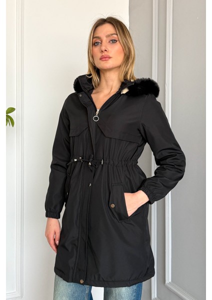 Kadın Kapüşonlu Bondit Kaban 9129